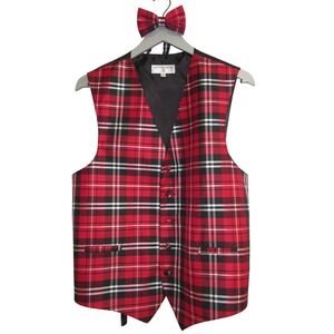 Vesuvio Napoli Italy Red Tartan Plaid‎ Dress Vest & Bow Tie Set M New